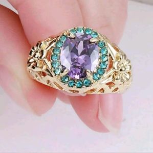 PurpleFacetedRing w/aquamarine crystals,New